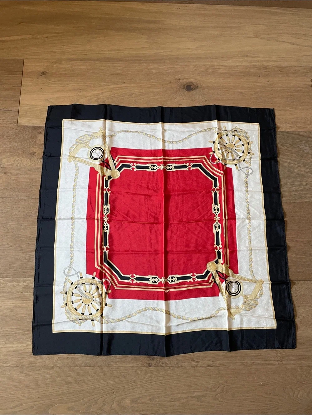 Vintage Liz Clabourne Nautical 100% Silk Scarf - Red Gold Black Stripe Square